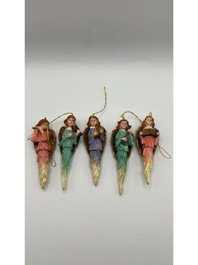 Set Of 5 Vintage Angel Christmas Ornaments With Glitter Accents & Musical Instru